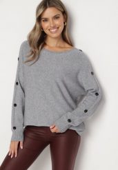 Szary Sweter z Dodatkiem Bawełny i Wiskozy z Guzikami na Rękawach Ciasine. Szare swetry damskie Born2be, l, bez wzorów, z bawełny, bez kołnierzyka, plus size, bez ramiączek, długie, bez kaptura. Za 74.99 zł.