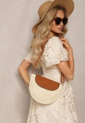 Jasnobeżowa Mała Torebka Boho na Ramię z Połączenia Plecionki i Ekoskóry Virtha. Brązowe torby na ramię damskie Renee, bez wzorów, boho, małe, bez dodatków. Za 74.99 zł.