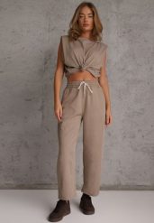 Beżowe Spodnie Casual Barrel High Waist z Gumką i Wiązaniem w Pasie Janesa. Brązowe jeansy dla dziewczynek Renee, z jeansu, casualowe, z podwyższonym stanem. Za 89.99 zł.