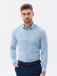 Koszula męska z długim rękawem w mikro wzór - błękitna V3 - Rozmiar: XL. Niebieskie koszule męskie Ombre Clothing, m, bez wzorów, z bawełny, bez kołnierzyka, bez ramiączek. W wyprzedaży za 39.99 zł.