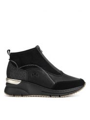 Rieker Botki N6361-00 Czarny. Czarne botki damskie Rieker, ze skóry, bez obcasa, na koturnie, bez zapięcia. Za 349.99 zł.