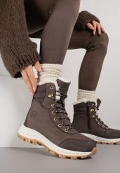 Ciemnobrązowe Botki Śniegowce w Trekkingowym Stylu na Grubej Podeszwie Elorene. Brązowe śniegowce i trapery damskie Born2be, z dzianiny. Za 159.99 zł.