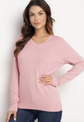 Różowy Sweter o Prostym Kroju z Dekoltem w Serek Sinorriel. Czerwone swetry damskie Born2be, m, z aplikacjami, z jeansu, bez kołnierzyka, bez ramiączek, bez kaptura. Za 44.99 zł.