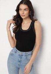 Czarno-Beżowy Top z Modalem i Wiskozą Sanilatia. Czarne bluzki damskie Born2be, na lato, m, bez wzorów, z jeansu, eleganckie, bez kołnierzyka, bez ramiączek. Za 84.99 zł.