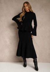 Czarny Komplet z Dzianiny z Wiskozą Spódnica i Sweter z Baskinką i Cyrkoniami Nereza. Czarne spódnice damskie Renee, na zimę, m, z aplikacjami, z dzianiny, eleganckie, bez kołnierzyka, bez ramiączek, długie, bez kaptura. Za 259.99 zł.