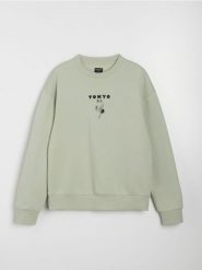 Bluza crewneck z nadrukiem comfort - zielony. Zielone bluzy męskie Sinsay, l, bez wzorów, bez kaptura. Za 39.99 zł.