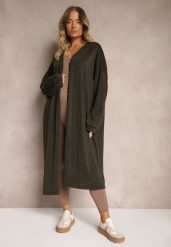 Zielony Kardigan z Wiskozą o Długim Kroju Zapinany na Guziki z Metaliczną NIcią Arkaria. Zielone kardigany damskie Renee, plus size, bez wzorów, z jeansu, biznesowe, bez kołnierzyka, plus size, bez ramiączek, długie, bez kaptura. Za 119.99 zł.