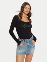 Guess Body W5RP00 K68D2 Czarny Slim Fit. Czarne bluzki damskie Guess, l, z aplikacjami, z wiskozy, bez kołnierzyka, bez ramiączek. Za 129.99 zł.