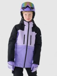 4F Kurtka snowboardowa membrana 10000 dziewczęca - fioletowa 140 (9-10 lat). Fioletowe kurtki i płaszcze dla dziewczynek 4f, na zimę, bez wzorów, z dzianiny, z kapturem. W wyprzedaży za 199.99 zł.