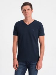 T-shirt męski V-NECK z elastanem - granatowy V2 - Rozmiar: XL. Niebieskie t-shirty męskie Ombre Clothing, m, bez wzorów, z bawełny, klasyczne, bez kołnierzyka. W wyprzedaży za 24.99 zł.