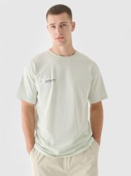 4F T-shirt oversize z nadrukiem męski - turkusowy S. Niebieskie koszulki sportowe męskie 4f, m, bez wzorów, z bawełny, klasyczne, bez kołnierzyka. W wyprzedaży za 29.99 zł.