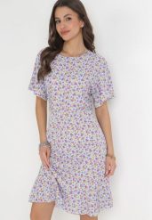 Niebieska Pudełkowa Sukienka w Kwiaty z Falbanką Temrance. Niebieskie sukienki damskie Born2be, l, bez wzorów, bez kołnierzyka, bez ramiączek, midi. Za 39.99 zł.