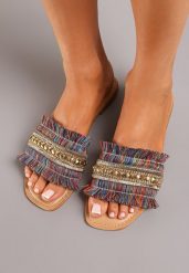 Granatowe Klapki Boho z Paseczkiem Ozdobionym Cyrkoniami Amalila. Niebieskie klapki damskie Born2be, bez wzorów, z materiału, boho, bez obcasa, na płaskiej podeszwie. Za 79.99 zł.