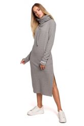 Dzianinowa Długa Sukienka z Wysokim Kołnierzem - Szara. Szare sukienki damskie MOE, l, bez wzorów, z bawełny, bez kołnierzyka, bez ramiączek, maxi. Za 308.90 zł.