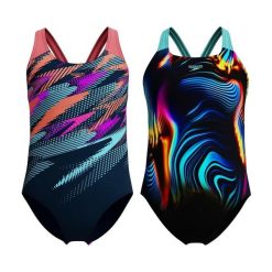 Dziewczęcy jednoczęściowy kostium kąpielowy Speedo Digital Placement Splashback. Fioletowe stroje kąpielowe dla dziewczynek Speedo, bez wzorów. Za 144.49 zł.