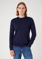 WRANGLER CREWNECK KNIT MĘSKI SWETER ELEGANCKI CIEPŁY LOGO NAVY 112343109 W8A0018103. Niebieskie swetry przez głowę męskie Wrangler, m, bez wzorów, z bawełny, bez kołnierzyka. W wyprzedaży za 129.99 zł.
