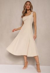 Beżowa Rozkloszowana Sukienka w Klasycznym Stylu Deslene. Brązowe sukienki damskie Renee, na co dzień, l, bez wzorów, eleganckie, bez kołnierzyka, bez ramiączek, midi, proste. Za 109.99 zł.