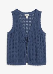 Kamizelka dzianinowa w ażurowy wzór. Niebieskie kurtki damskie bonprix, w ażurowe wzory, z dzianiny, bez kaptura. Za 47.99 zł.