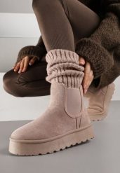 Ciemnobeżowe Śniegowce na Platformie Typu Sztyblety Ahelina. Brązowe śniegowce i trapery damskie Renee, z jeansu. Za 89.99 zł.