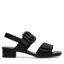 Sandały Rieker. Czarne klapki damskie Rieker, bez wzorów, bez obcasa, na słupku, bez zapięcia. Za 249.99 zł.