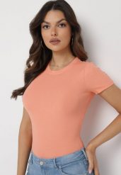 Pomarańczowy Bawełniany T-shirt Elastyczny Lireanne. Brązowe bluzki damskie Born2be, l, bez wzorów, z bawełny, bez kołnierzyka. Za 29.99 zł.