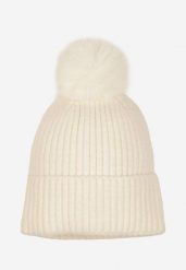 Biała Czapka Ozdobiona Pomponem z Prążkowanego Materiału Berida. Białe czapki i kapelusze damskie Born2be, bez wzorów, prążkowane, eleganckie. Za 39.99 zł.