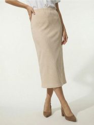 Prążkowana spódnica midi z cyrkoniami - beżowy. Brązowe spódnice damskie Sinsay, l, bez wzorów, prążkowane, midi. Za 39.99 zł.