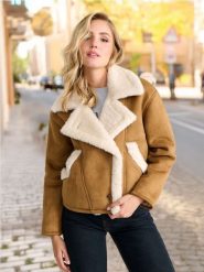 Kurtka z kożuchem - beżowy. Brązowe kurtki damskie Sinsay, l, bez wzorów, bez kaptura. Za 129.99 zł.