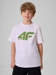 4F T-shirt regular z nadrukiem chłopięcy - biały 128 (7-8 lat). Białe t-shirty dla chłopców 4f, bez wzorów, z bawełny, bez ramiączek. Za 49.99 zł.
