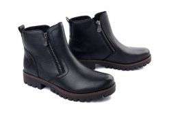 Rieker 78556-00 black, botki damskie. Czarne botki damskie Rieker, ze skóry, bez obcasa, bez zapięcia. Za 439.90 zł.