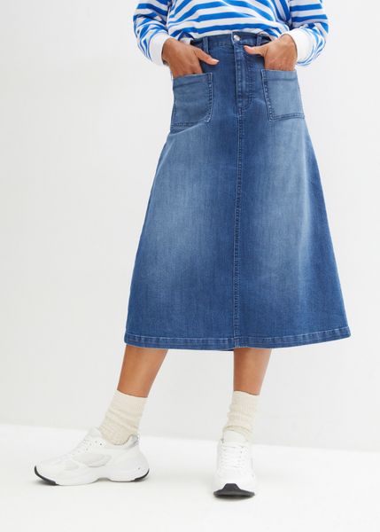 Spódnica dżinsowa midi. Czarne spódnice damskie bonprix, bez wzorów, midi. Za 69.99 zł.