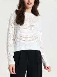 Sweter ażurowy - kremowy. Białe swetry damskie Sinsay, l, w ażurowe wzory, bez kołnierzyka, bez ramiączek, bez kaptura. Za 59.99 zł.