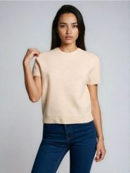 Bluzka swetrowa z domieszką wełny - beżowy. Brązowe bluzki damskie Sinsay, l, bez wzorów, z wełny, bez kołnierzyka, bez ramiączek. Za 35.99 zł.