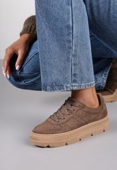 Brązowe Sneakersy Vices na Platformie z Tłoczeniem Alarrive. Brązowe obuwie sportowe damskie Renee, bez wzorów, z koronki. Za 79.99 zł.