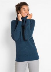 Sweter z golfem z troczkami. Niebieskie swetry damskie bonprix, z aplikacjami, ze skóry, bez kołnierzyka, bez ramiączek, bez kaptura. Za 124.99 zł.