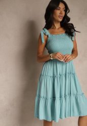 Jasnoniebieska Sukienka z Wiskozą o Rozkloszowanym Kroju na Ramiączkach z Wiązaniem Aranive. Niebieskie sukienki damskie Renee, na co dzień, m, bez wzorów, z wiskozy, eleganckie, bez kołnierzyka, bez ramiączek, midi, proste. Za 49.99 zł.