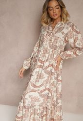 Pomarańczowa Rozkloszowana Sukienka z Wiskozą Wiązana przy Dekolcie w Roślinny Print Koriselle. Brązowe sukienki damskie Renee, na co dzień, l, bez wzorów, z wiskozy, eleganckie, bez kołnierzyka, bez ramiączek, maxi, rozkloszowane. Za 129.99 zł.