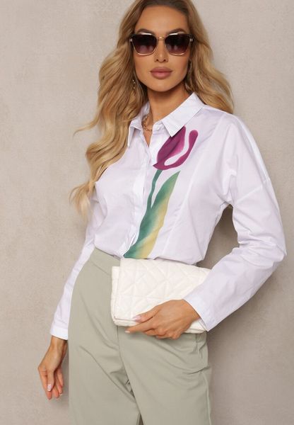Biała Bawełniana Koszula z Printem w Kształcie Tulipana Aneida. Białe bluzki damskie Renee, l, bez wzorów, z bawełny, biznesowe, bez kołnierzyka, bez ramiączek. Za 89.99 zł.