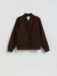 Kurtka bomberka z imitacji zamszu - ciemnobrązowy. Brązowe kurtki męskie Reserved, l, bez wzorów, bez kaptura. Za 199.99 zł.