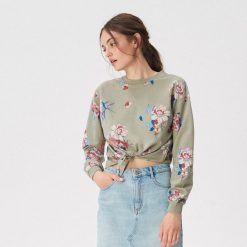 Bluza z wiązaniem w talii - Zielony. Zielone bluzy damskie Sinsay, l, bez wzorów, bez kaptura. W wyprzedaży za 19.99 zł.