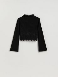 Bluzka z koronką - czarny. Czarne bluzki damskie Reserved, l, bez wzorów, z dzianiny, bez kołnierzyka, bez ramiączek. Za 109.99 zł.