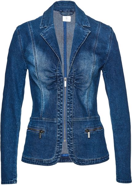 Kurtka dżinsowa. Niebieskie kurtki damskie bonprix, bez wzorów, bez kaptura. Za 219.99 zł.