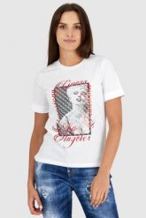 GUESS Biały t-shirt damski z nadrukiem. Białe t-shirty damskie Guess, s, z aplikacjami, z bawełny, bez kołnierzyka. W wyprzedaży za 129.99 zł.