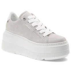 Srebrne Sneakersy Chebello Stylowe Obuwie Damskie Na Platformie. Szare półbuty damskie CheBello, bez wzorów, z materiału, eleganckie, bez obcasa, na platformie, bez zapięcia. Za 589.00 zł.