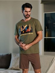 Piżama dwuczęściowa - khaki. Brązowe piżamy męskie Sinsay, l, bez wzorów, bez ramiączek, krótkie. Za 39.99 zł.