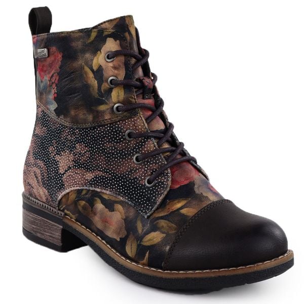 Botki damskie workery w kwiaty Rieker 94611-91. Brązowe botki damskie Rieker, ze skóry ekologicznej, bez obcasa, bez zapięcia. Za 419.00 zł.