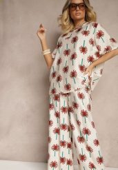 Bordowy Komplet z Wiskozy Zdobiony Printem w Palmy Szerokie Spodnie i T-shirt Zioleana. Czerwone spodnie materiałowe damskie Renee, l, z aplikacjami, z materiału. Za 74.99 zł.