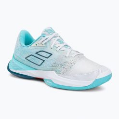 Buty do tenisa damskie Babolat Jet Mach 3 AC W white/angel blue. Białe obuwie sportowe damskie BABOLAT, bez wzorów, z materiału, tenisowe. Za 409.99 zł.