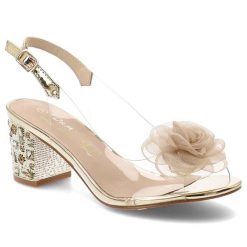 Sandały damskie S.Barski, cholewka z tworzywa ozdobny kwiat pasek z regulacją stabilny obcas, złote, MR61-9011. Żółte klapki damskie S.BARSKI, z aplikacjami, bez obcasa, na obcasie, bez zapięcia. Za 199.00 zł.
