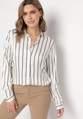 Biało-Czarna Koszula w Delikatne Paski z Podpinanymi Rękawami Berraza. Białe bluzki damskie Born2be, l, bez wzorów, z jeansu, eleganckie, bez kołnierzyka, bez ramiączek. Za 59.99 zł.